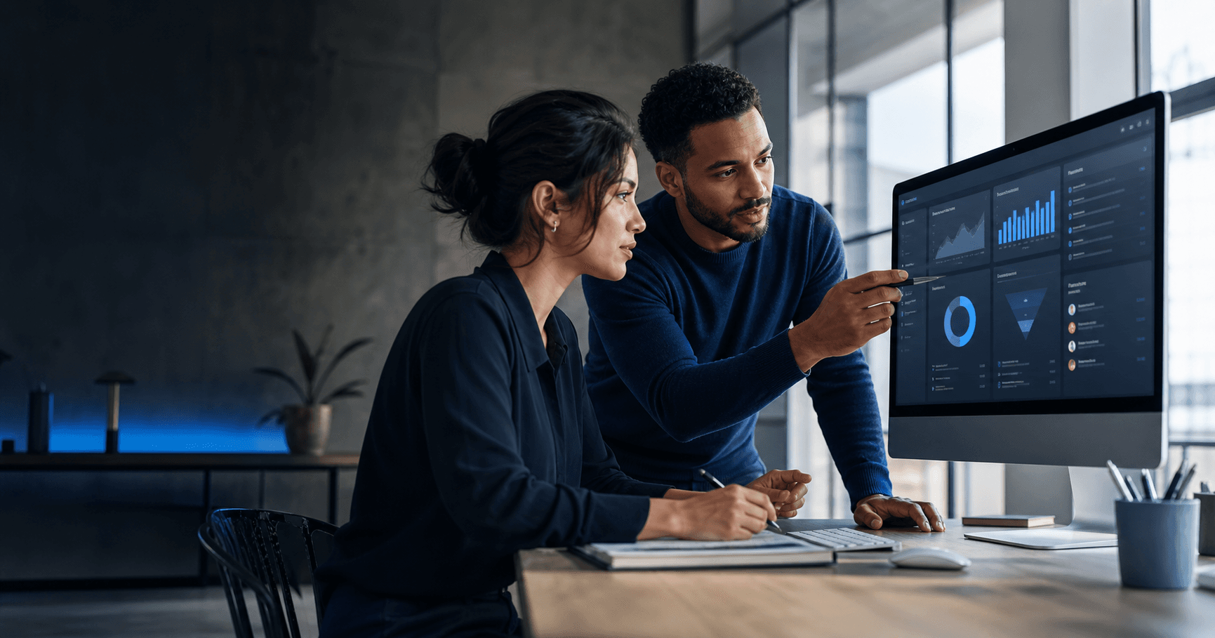 Business owners reviewing growth analytics on a computer